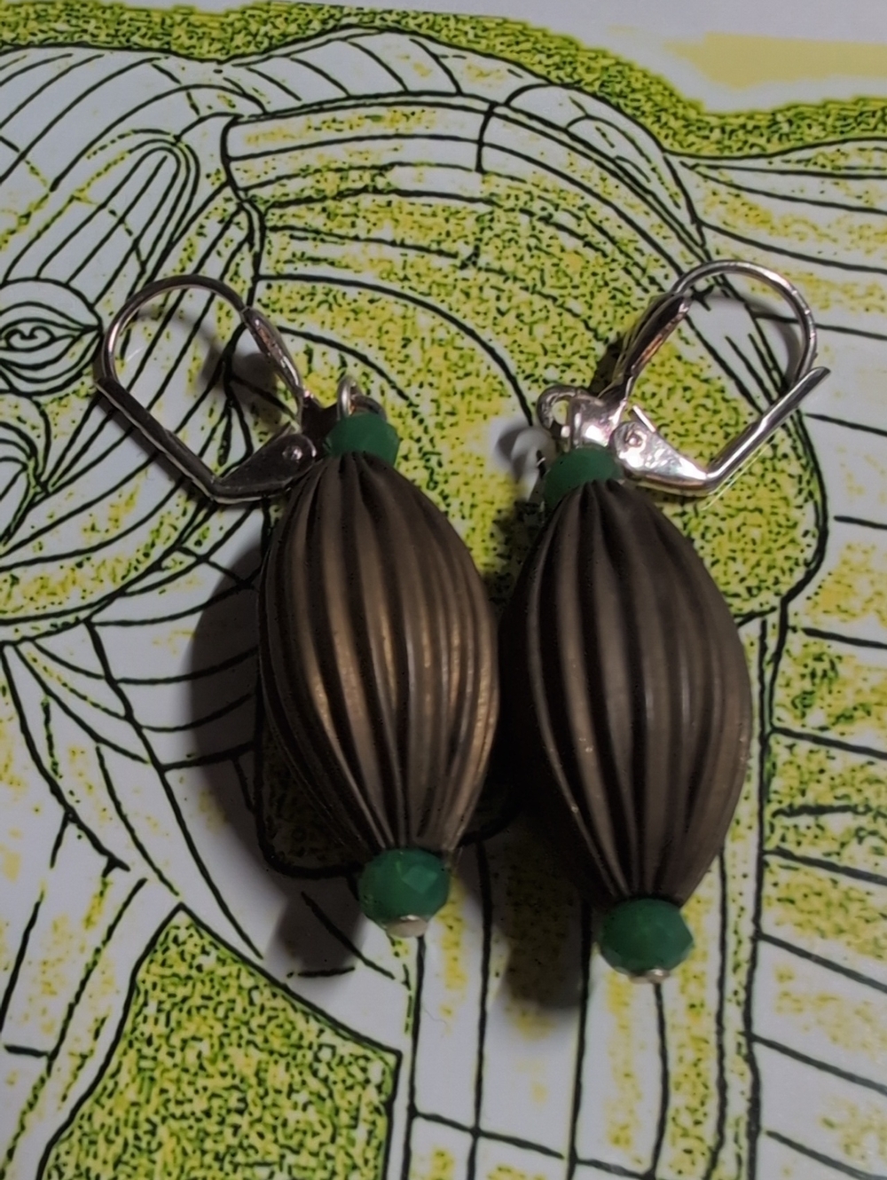 Bronze-Tone Drop Earrings with Green Accent